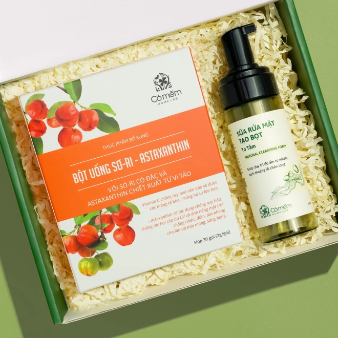 [SET QUÀ TẶNG] Bột Uống Sơ-ri & Astaxanthin, Sữa Rửa Mặt Tơ Tằm