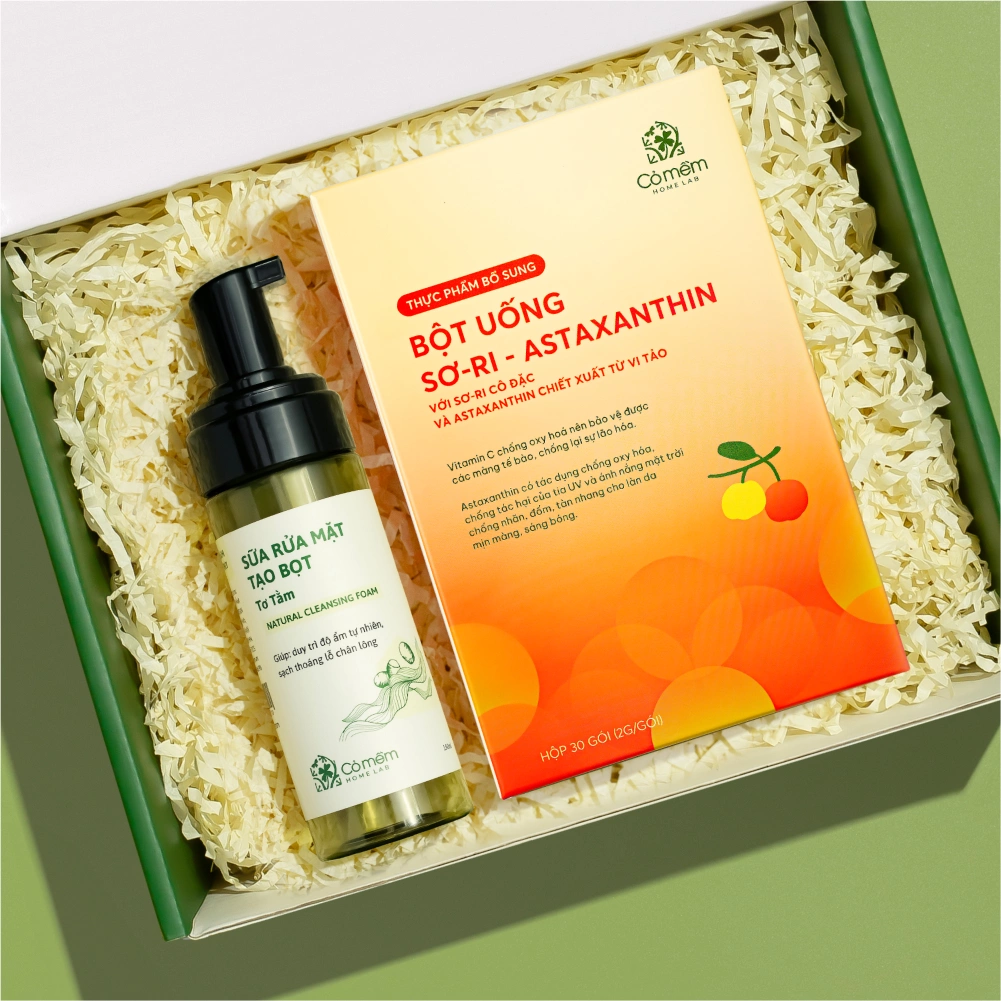 [SET QUÀ TẶNG] Bột Uống Sơ-ri & Astaxanthin, Sữa Rửa Mặt Tơ Tằm
